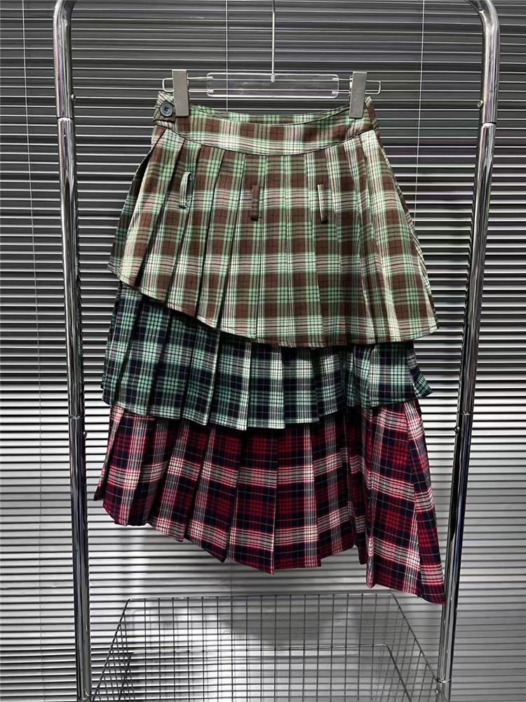 Summer new niche splicing plaid skirt women s high waist design irregular pleated cake skirt women S