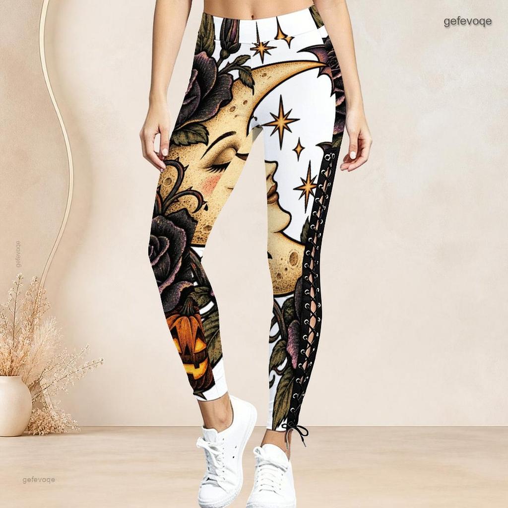 Women Plus Size High Waist Printed Side Eyelet Lace Up Full Length Leggings