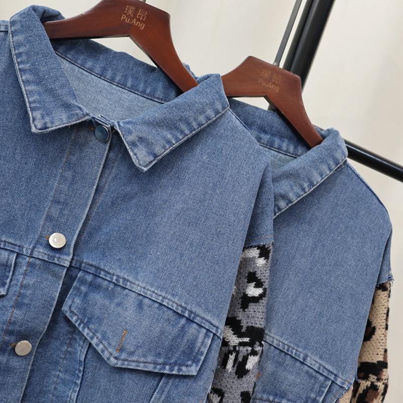 Splicing denim leopard print knitted cardigan autumn and winter new loose casual design temperament sweater jacket women
