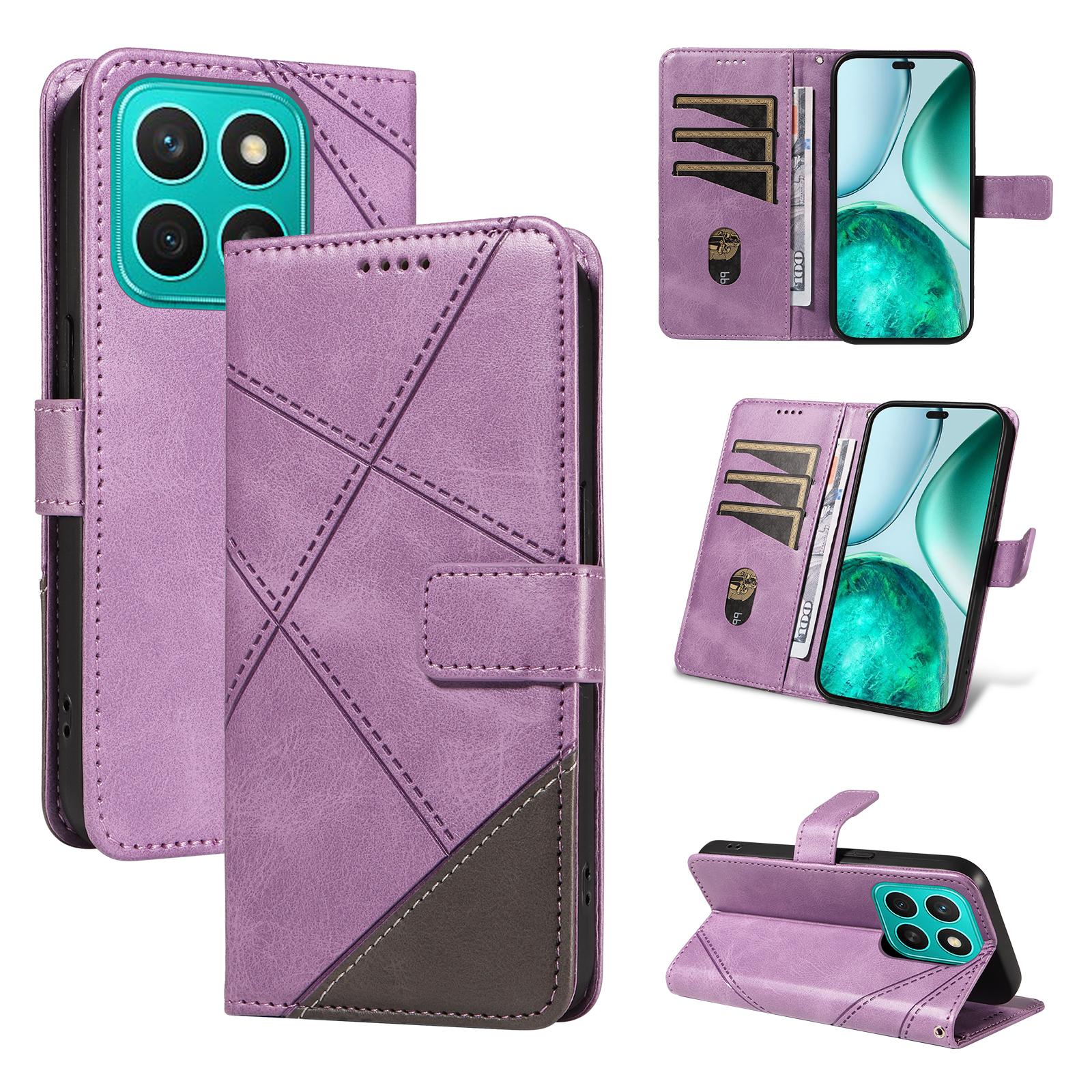 

For Honor X8c 4G Leather Case Geometric Line Design Wallet Phone Cover with Wrist Strap Purple