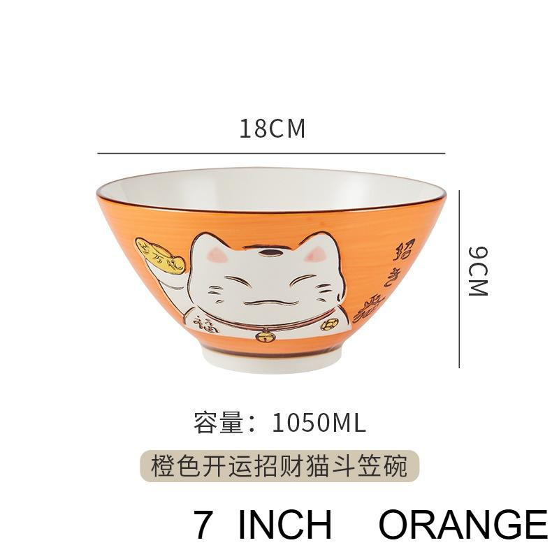 Japanese Ceramic High Bowl Multi-Sized Colorful Lucky Cat Soup Bowl Salad Bowl Underglaze Children Kitchen Household Tableware