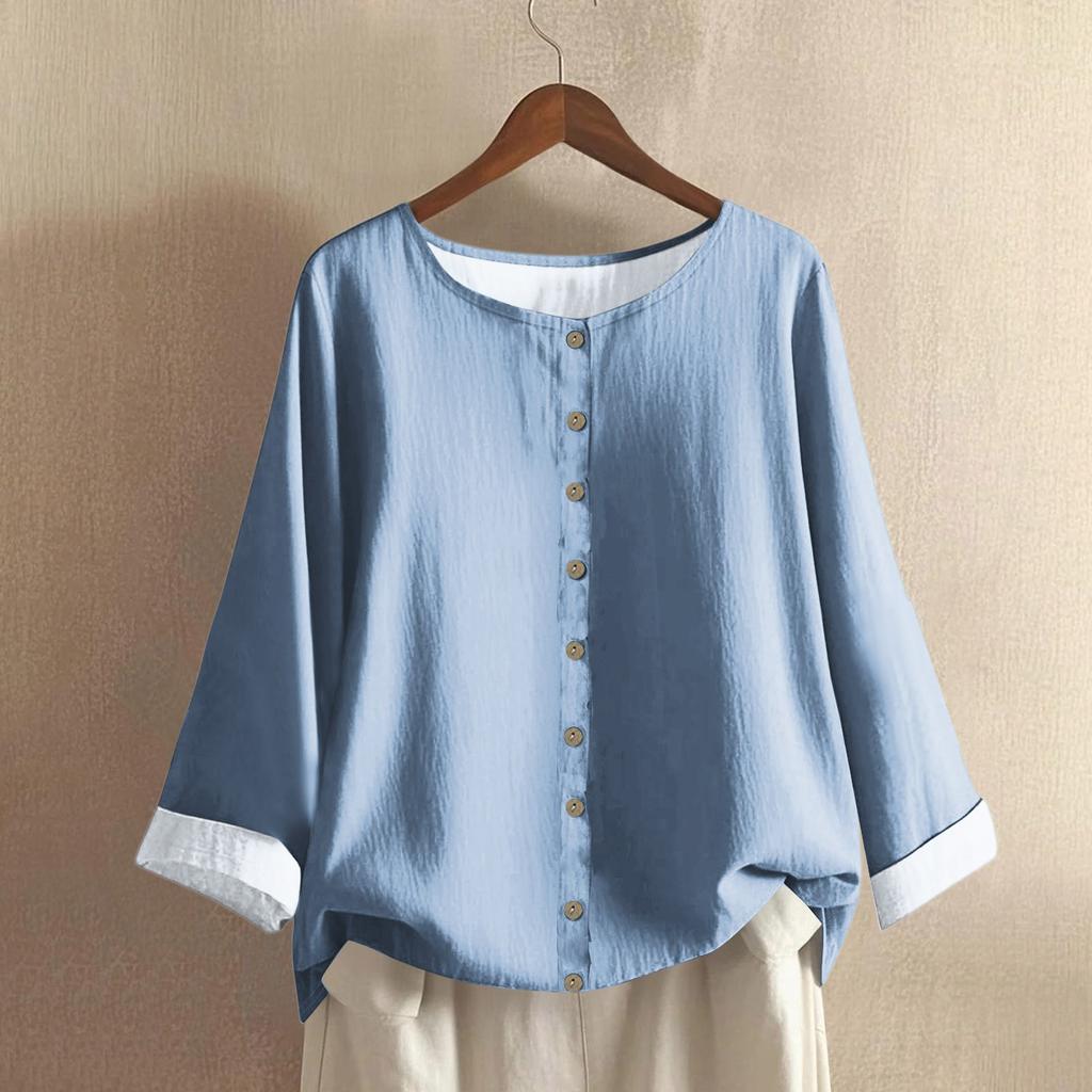 Women's Casual Long-sleeved Round Neck Solid Color Cotton And Linen Top