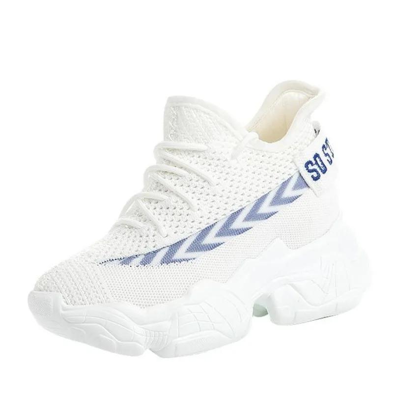 Fashion High Quality 8CM Knitting Air Mesh Women Spring Summer Shoes Chunky Sneakers Platform Wedge Breathable Fashion Sneakers Slip On