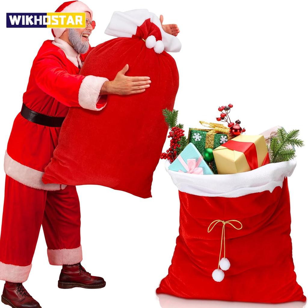 Großer roter Samt-Weihnachtssack mit weißem Pompon, flauschiger Geschenkaufbewahrungsbeutel für Geschenke, festlicher Feiertags-Organizer geeignet