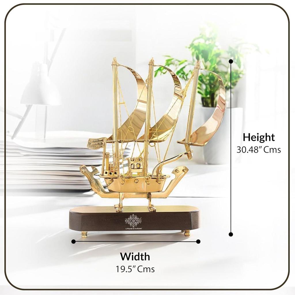 Brass Ship with Wooden Base, Showpiece Item, Perfect for Home Decoration and Gifting, 12'' Inch