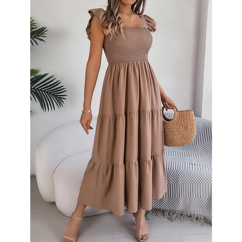 Summer Solid Colour Square Neck Wooden Ear Side Waist A-Line Long Women's Loose Casual Dresses
