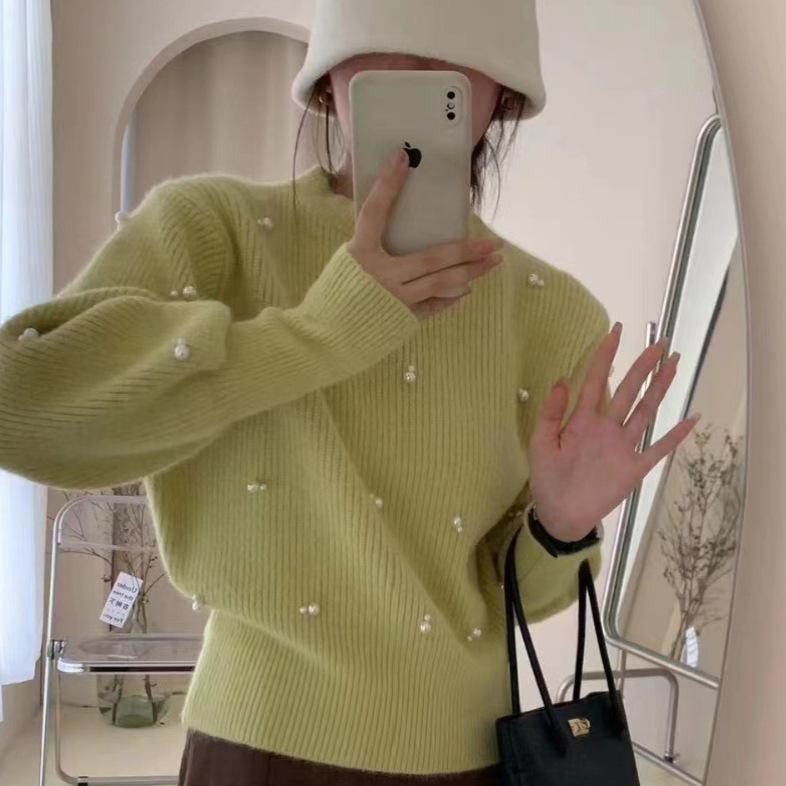 Womens Solid Round Neck Beaded Knit Sweater Loose Fit Cozy Pullover Top