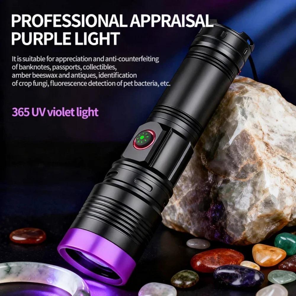 365nm UV Flashlight USB Rechargeable Aluminum Alloy Black Mirror Purple Light Curing Cat Tinea Pet Urine Stain Leakage Detection