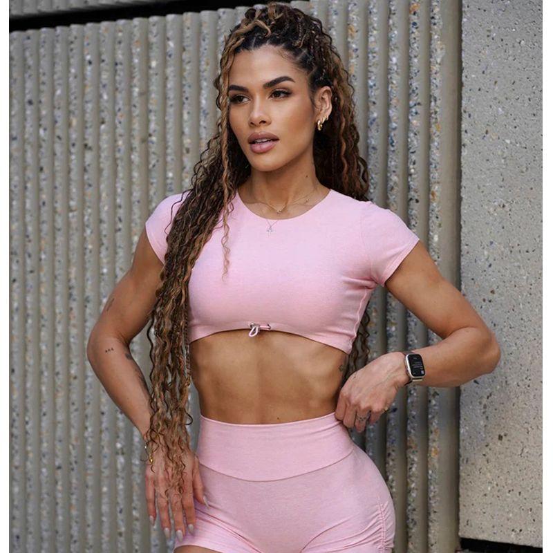 Irongirl Yoga Short Sleeve Women's Short Sexy Drawstring Sports Tops Beauty Back Hollow out Fitness round Neck T-shirt