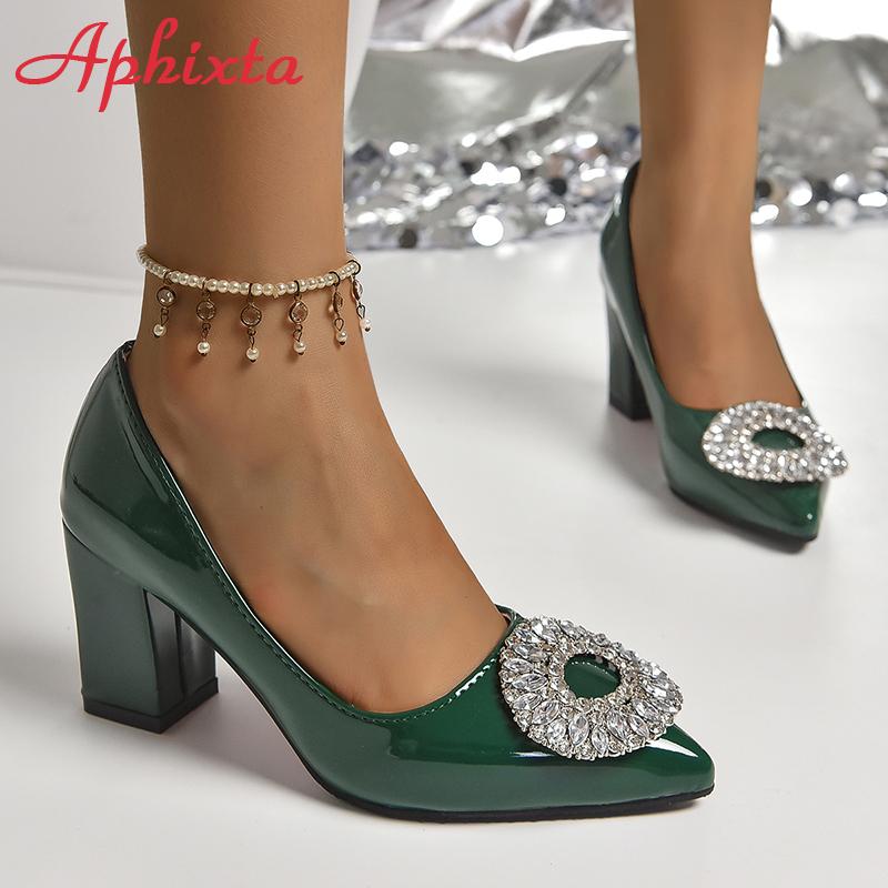 Aphixta Bing Big Crystals Round Buckle 7cm Chunky Heels Pumps Women Shoes Dark Green and Leisure Pointed Toe Pumps