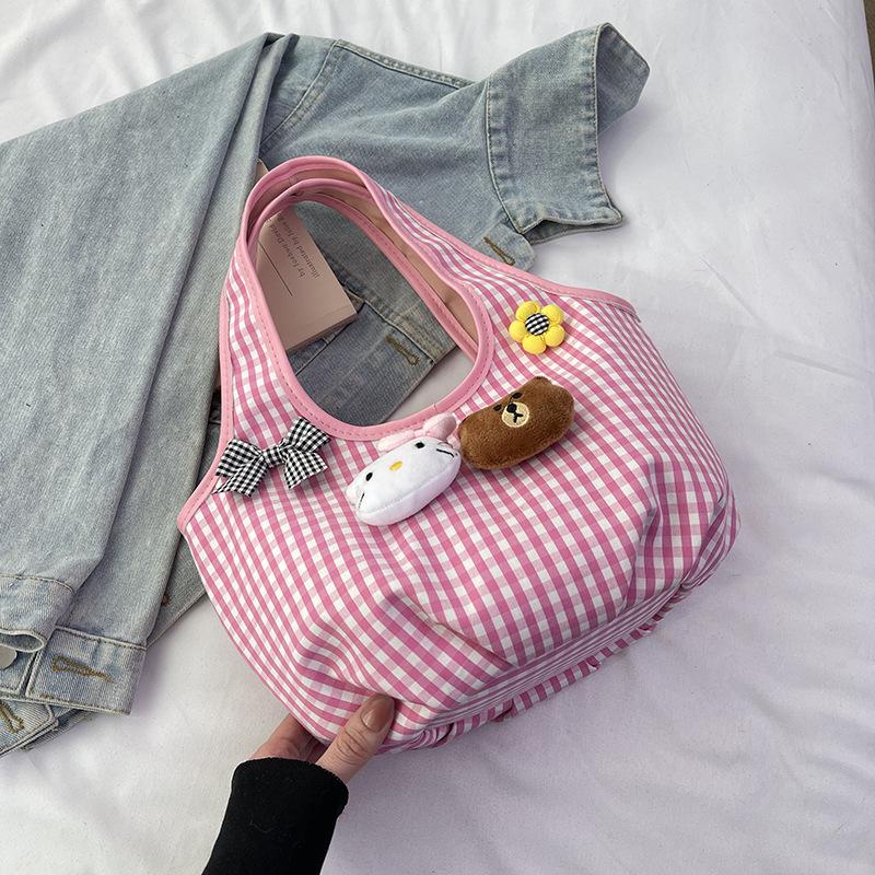 

Весенне-летняя модная клетчатая тканевая сумка, свежая и милая сумочка, ручная сумка с куклой-девочкой, сумка для бэнто розовый