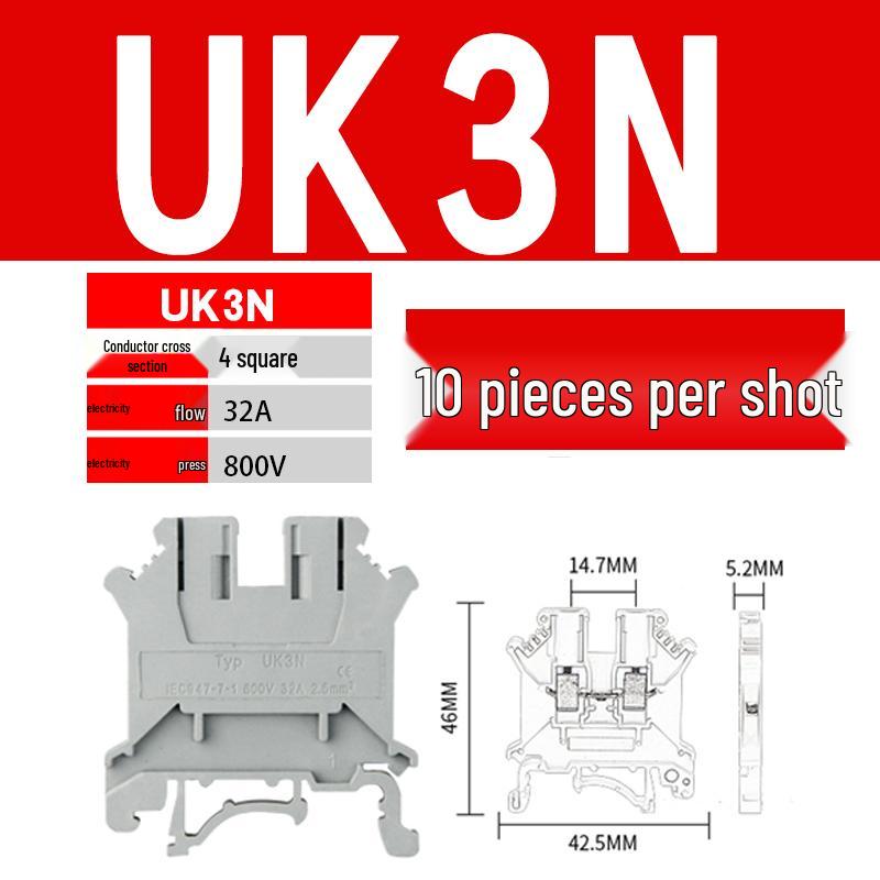 UK 2.5B/5/6/10N Rail Mount Terminal Block with Non-Stripping Screw Clip