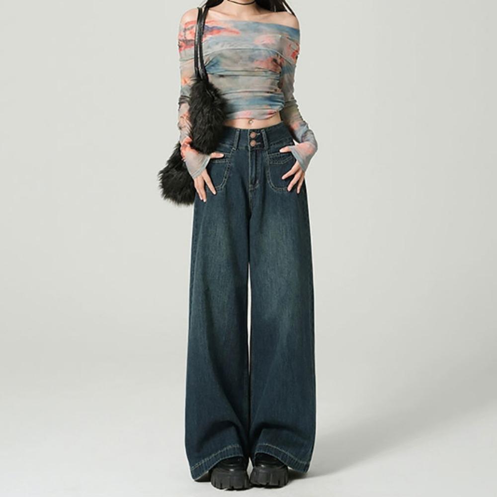 

Дизайнерские джинсы с высокой талией, двойной пряжкой и широкими штанинами, женские новые весенне-осенние нишевые прямые джинсы-швабры с кожаной этикеткой сзади 2XL