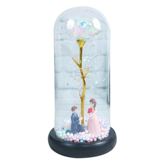 Rose Lamp Romantic Glass Dome Simulated Plastic Colorful LED Artificial Flower Decor for Valentine's Day
