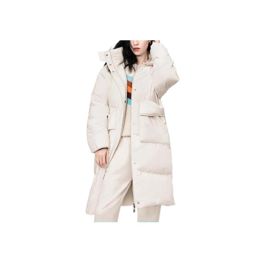 Li Ning Sports Trend Series Solid Color Logo Embroidered Hidden Zipper Hooded Long Down Jacket Women Outerwear Swan-White AYMS074-1
