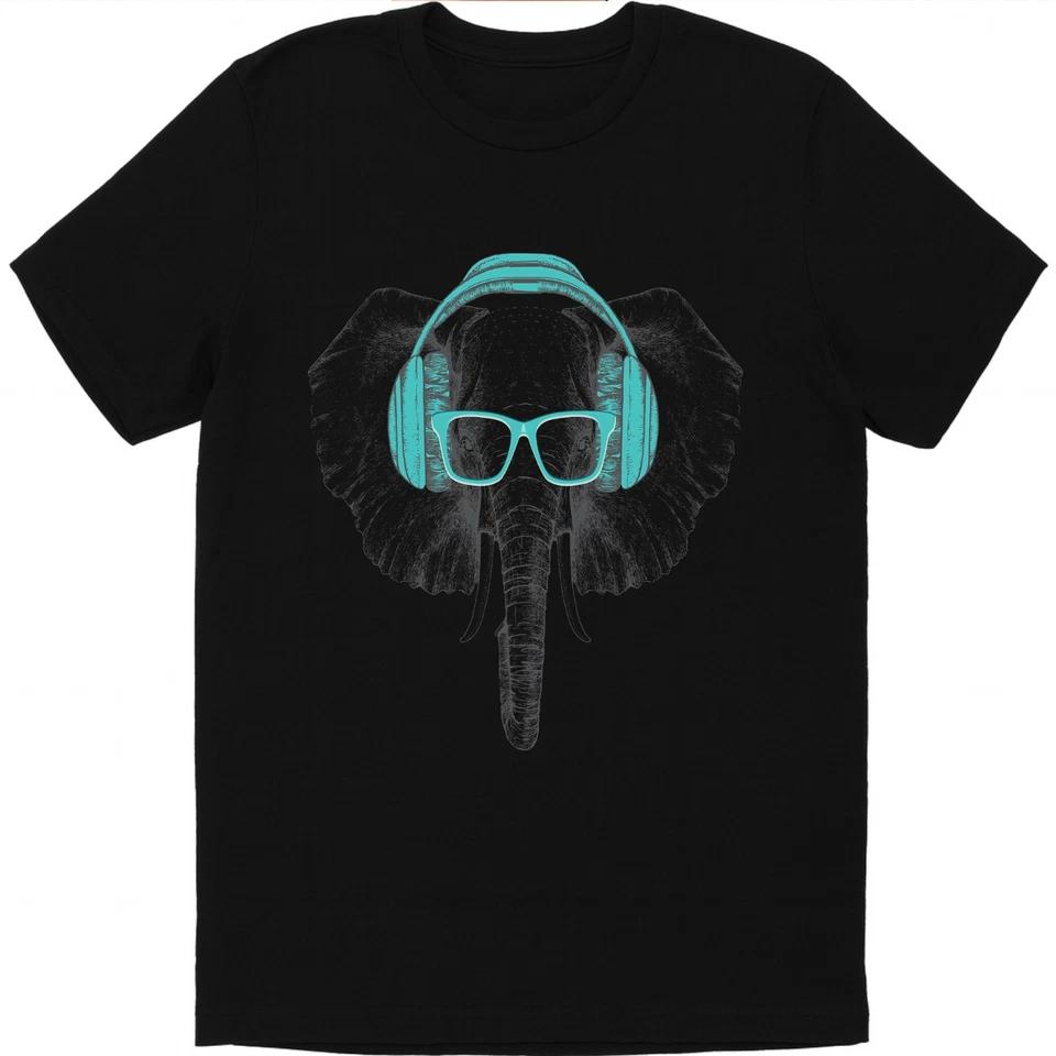 Elephant Headphones Graphic T Shirt Animal with Glasses Music Art Tee S
