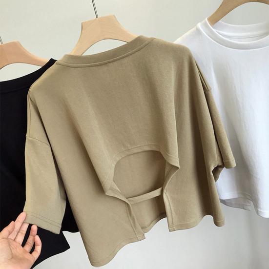 Dámské zkrácené topy s kulatým výstřihem a krátkým rukávem, design s dutými zády, jednobarevné topy, letní prázdninové tričko