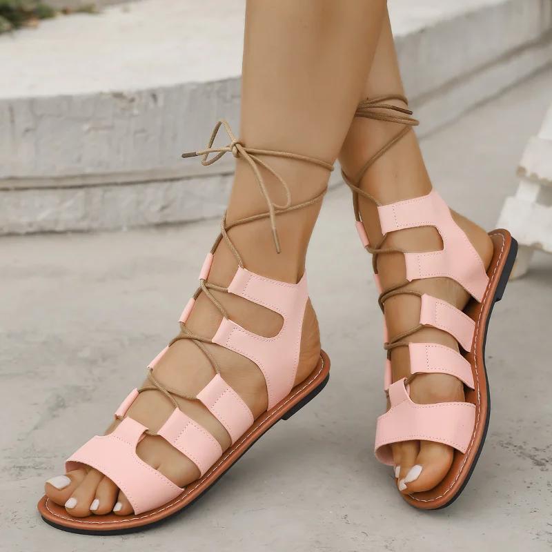 Fashion Women's Nude Lace-up Flat Sandals Summer Fashionable Elegant Gladiator Shoes Open Toe Designer Women's Shoes Zapatos De Mujer
