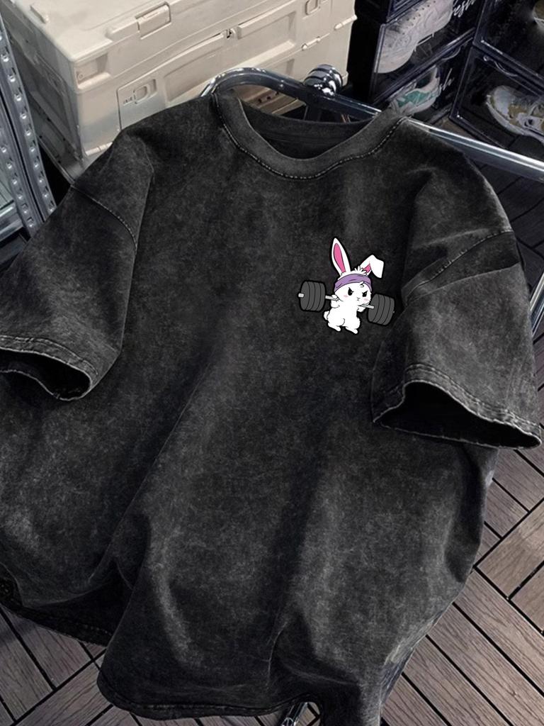 Washed Fashion Fitness Rabbit Print Cotton Trendy Men Tshirt Summer Daily Outdoor Sports Casual Loose Street Short Sleeve