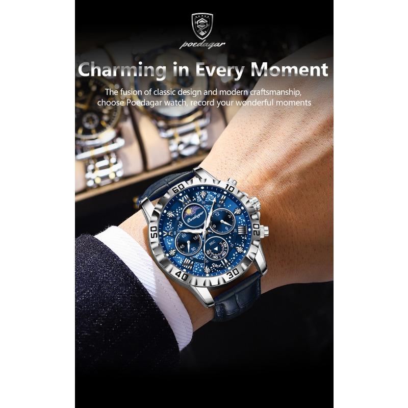 POEDAGAR Original Military Man Wristwatch Waterproof Luminous Chronograph Leather Strap Watches for Men Quartz Watch Reloj