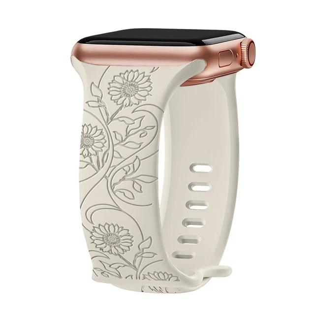 Floral Engraved Strap For Apple Watch Band 40mm 44mm 41mm 49mm 45mm 38mm 42mm Silicone Bracelet Iwatch Series 9 7 Se 6 8 Ultra 2