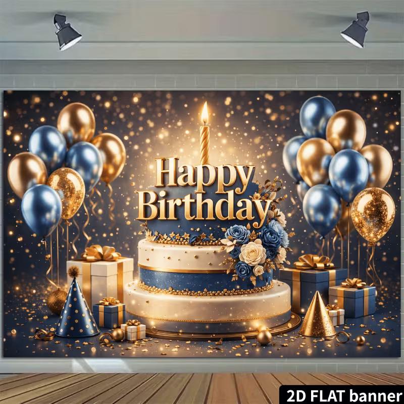2D Luxury Sparkly Blue Gold Birthday Tapestry with Cake