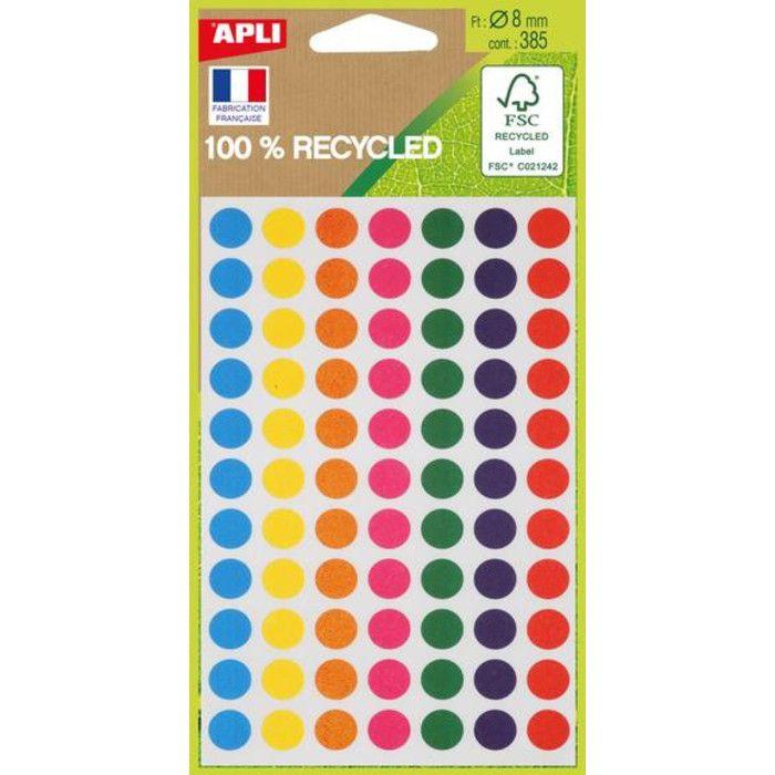 Étiquettes - APLI AGIPA - 385 ETQ - Diamètre 8 cm - 100% recyclé - Multicolore