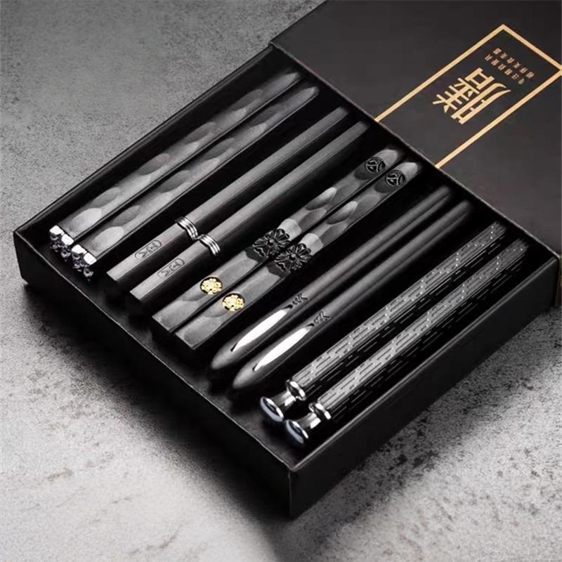 New 5 Pairs Black Silvery Alloy Chopsticks Non Moldy High-end Chopsticks Household Tableware for Easter, Ramadan, Christmas