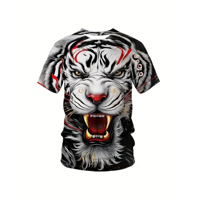 Men's Angry Tiger 3D Printed T-Shirt Casual Short Sleeve Crewneck Top Cool Roaring Wild Animal Graphic Tee Trendy Streetwear Summer Fashion Clothes