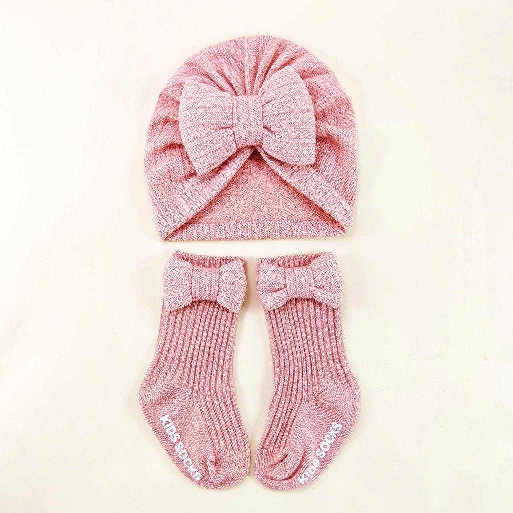 Spring & Autumn Baby Hat and Sock Set with Bow - Newborn Turban and Headband Style