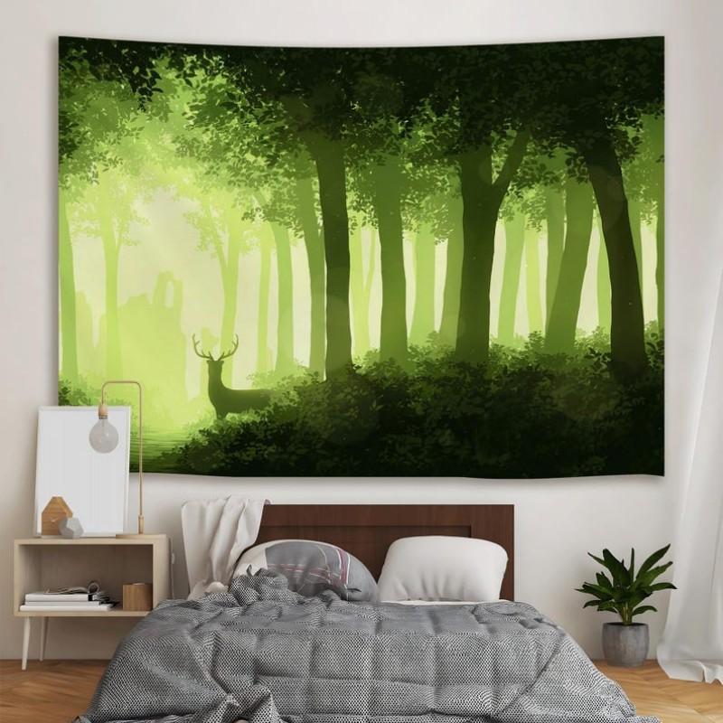 Watercolor Elk Tapestry Polyester Wall Art Minimalist Green Forest Tapestry for Living Room Room Decoration 100X70CM