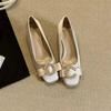 Block Heel Single Shoes Autumn New Square Toe Shallow Slip Rhinestone Button Bow Slip-on Anti-Slip Wear-Resistant Kitten Heels