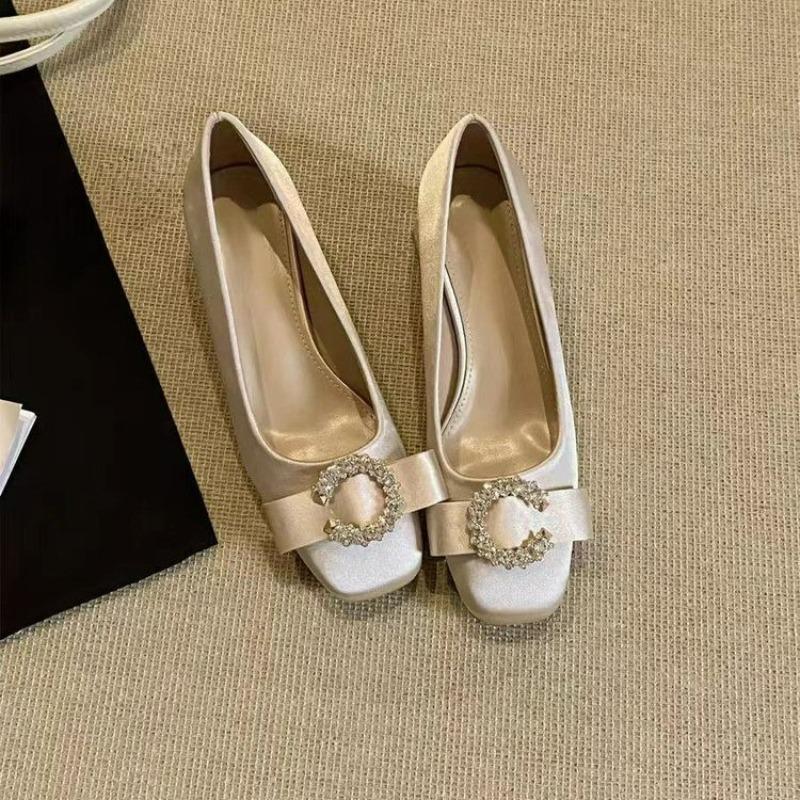 Block Heel Single Shoes Autumn New Square Toe Shallow Slip Rhinestone Button Bow Slip-on Anti-Slip Wear-Resistant Kitten Heels