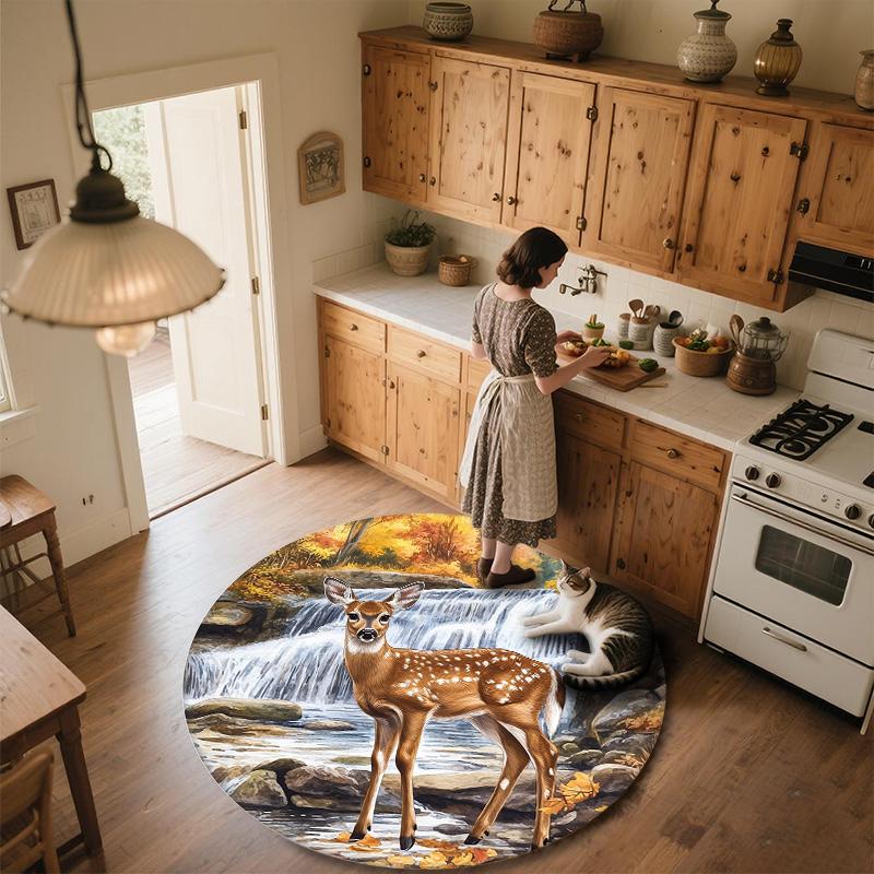 Deer by Waterfall Round Area Rug,Carpet Rug for Living Room Bedroom Sofa Playroom Decor,Non-slip Floor Mat