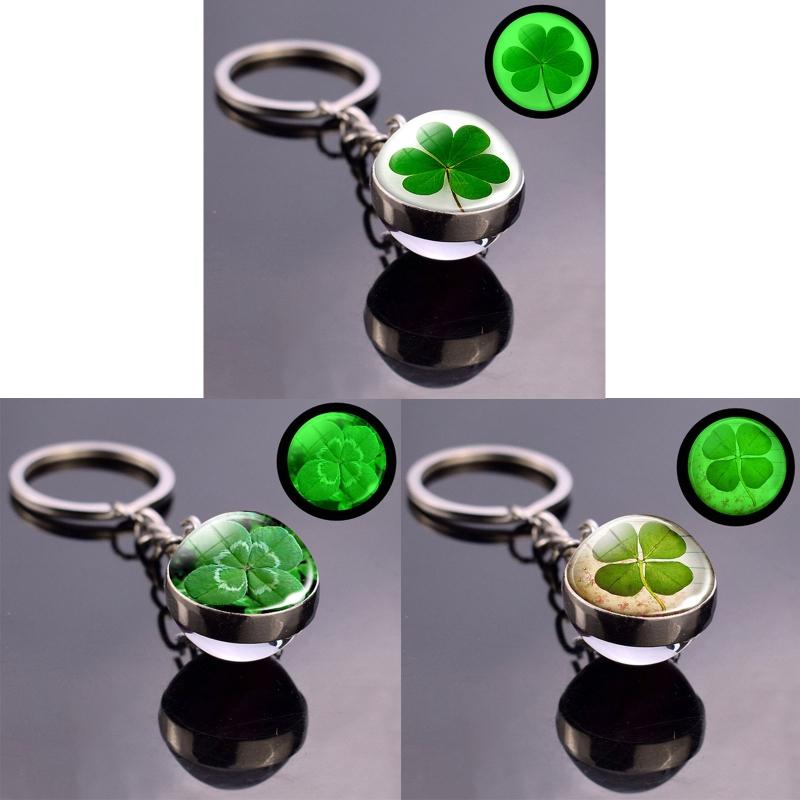Clover Keychain Luminescent Four Leaf Clover Glass Ball Double Side Metal Pendant Keychain Lucky Jewelry Gift