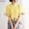 Women Floral Print Casual Stand Collar Short Sleeve Pleated Blouse