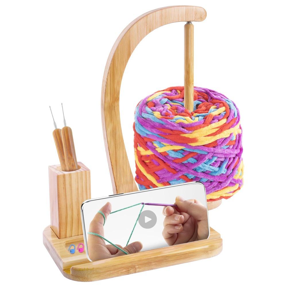 Wooden Yarn Holder for Crocheting Magnetic Rotation Multi-functional Yarn Spinner with Crochet Box Yarn Ball Storage Rack