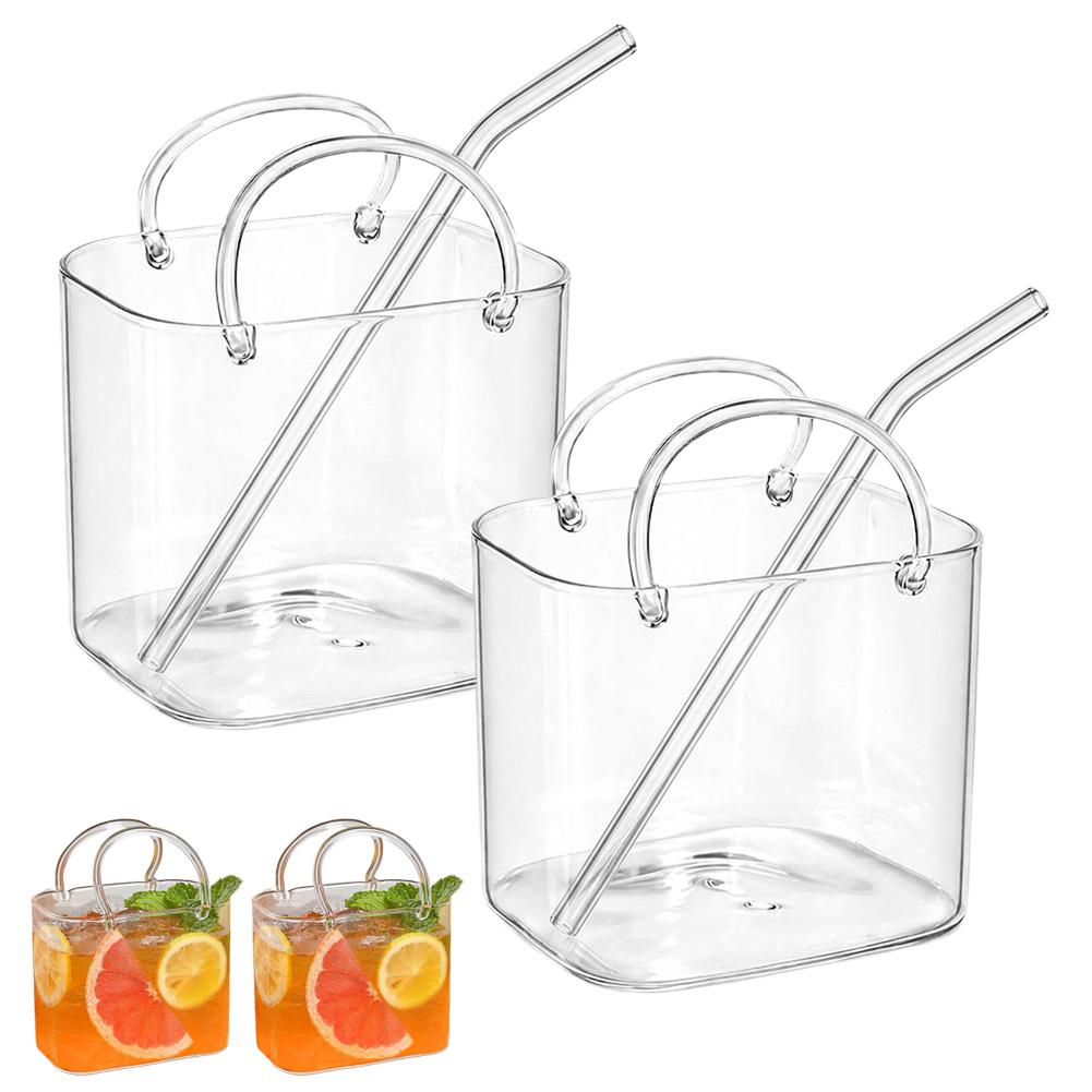 Glass Drinkware Glass Purse with Straw Drinks Creative Handbag Shaped Cocktail Whiskey Glass Cups for Fruit Juice Tea Flowers