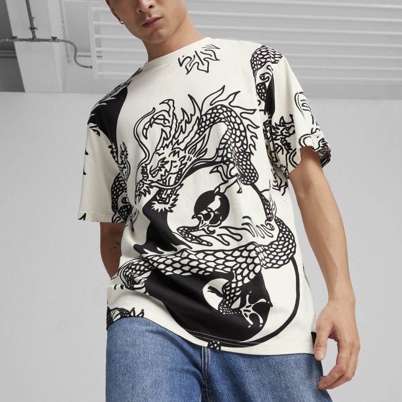Puma X Staple Collaboration Ss24 Dragon Year Series Dragon Pattern Design Casual Loose Short Sleeve T-Shirt Men T-Shirts White 625097-65