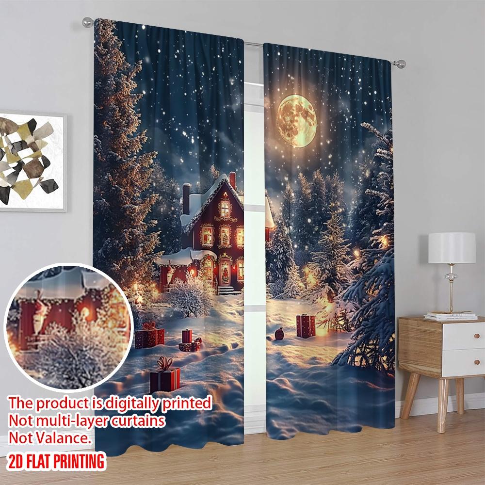 2pcs 2D flat printing Merry Christmas Scene Curtains Modern Christmas Scenes Polyester Fabric Without Electricity Festive