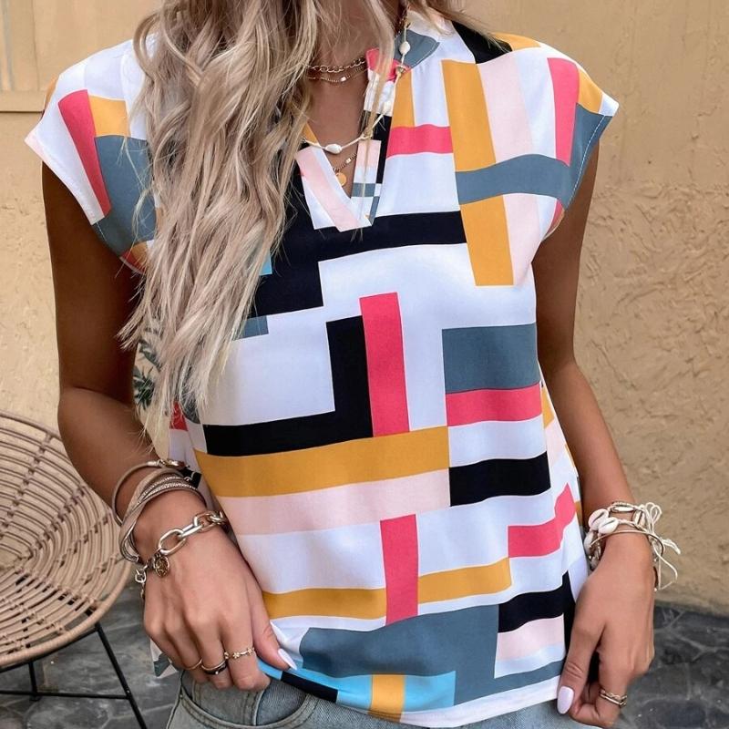 Damenmode, Sommer, Frühling, lässig, geometrischer Druck, ärmellos, V-Ausschnitt, Blusen und Hemden
