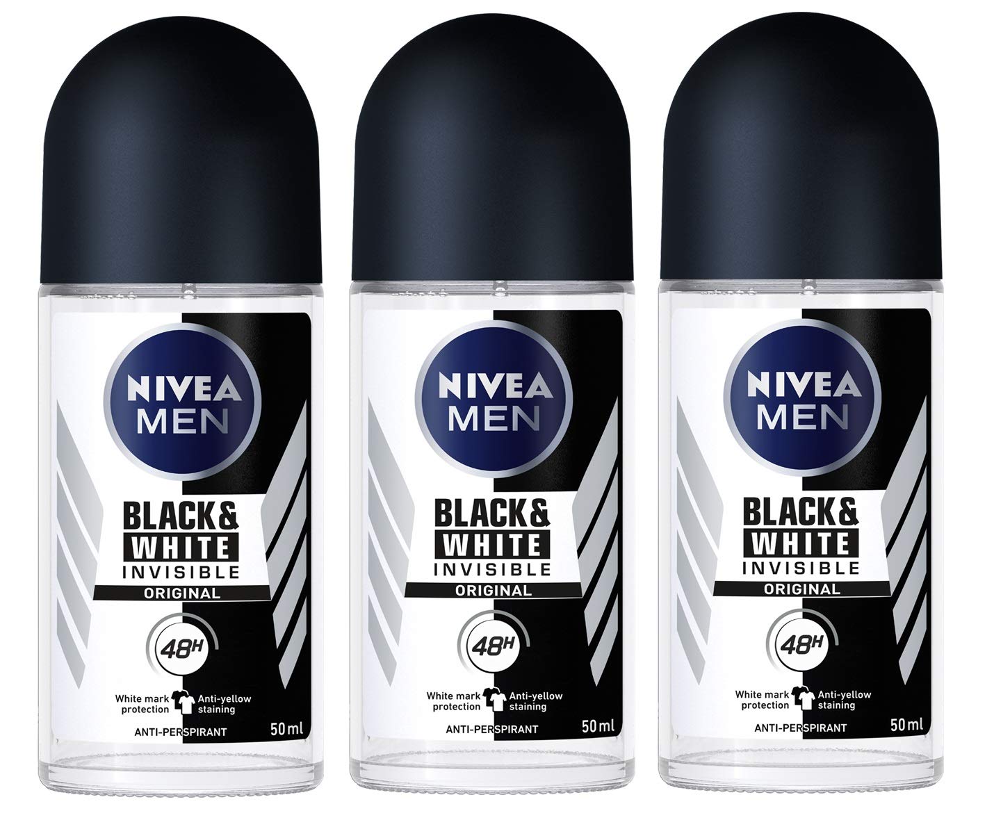 

Nivea Men Invisible Black White 48 Hours Deodorant Roll on 50 Ml. 3 Pack l