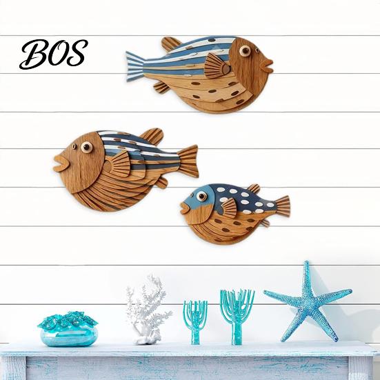 Realistic Fish Print 3 Pcs Wood Nautical Beach Wall Decor, Rustic Hanging Bathroom Decor Coastal Sculpture for Lake House, Ocean Room, Bathroom,