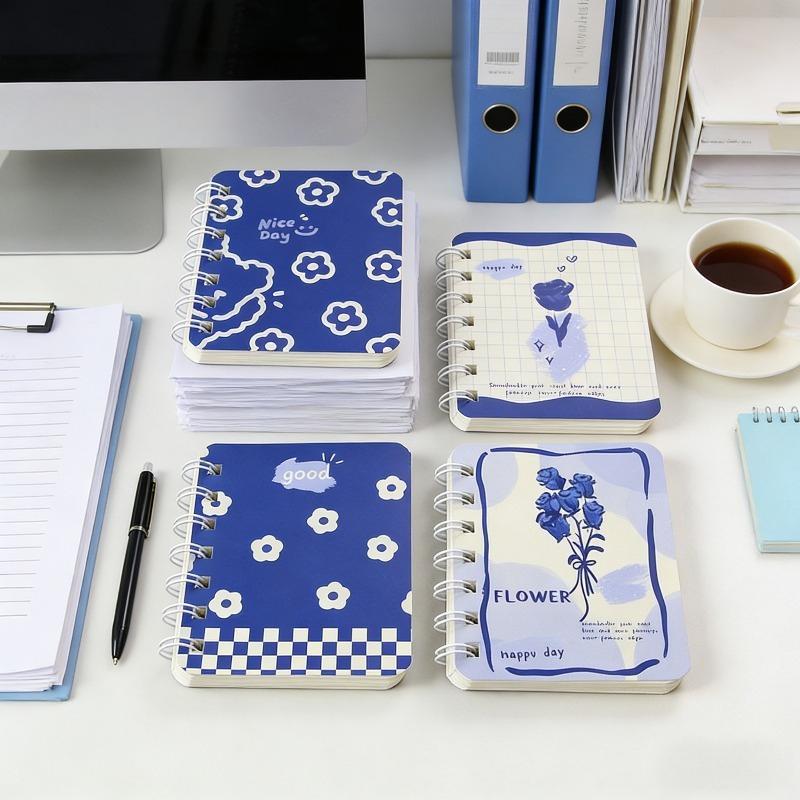 2Pcs Blue Rose Flower Pattern Cartoon A7 Coil Book Pocket Mini Notebook Diary Portable Office Notepad Daily Weekly Planner School Supplies Holiday Gi