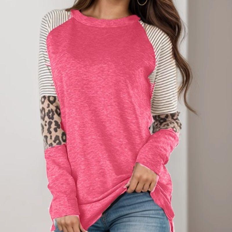 Cross-Border Fashion Autumn New round Neck Stripes Leopard Print Print Contrast Color Raglan Sleeve Long Sleeves T-shirt Women's Fashion All-Matching
