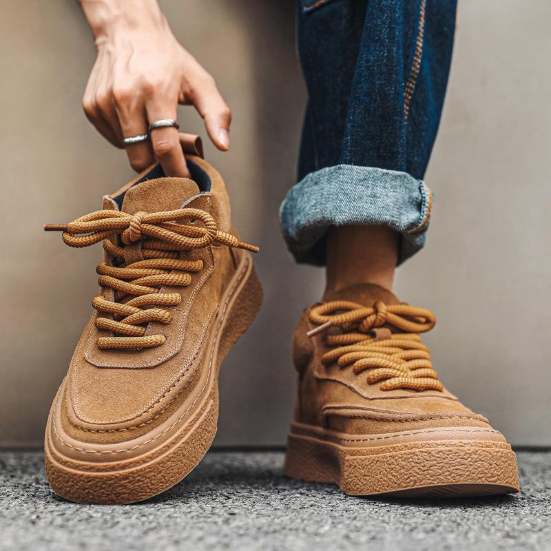 British Style Men's Casual Cow Suede Leather Boots Lace-up Flats Platform Shoes Outdoors Cowboy Ankle Boot Cool Desert Botas Man