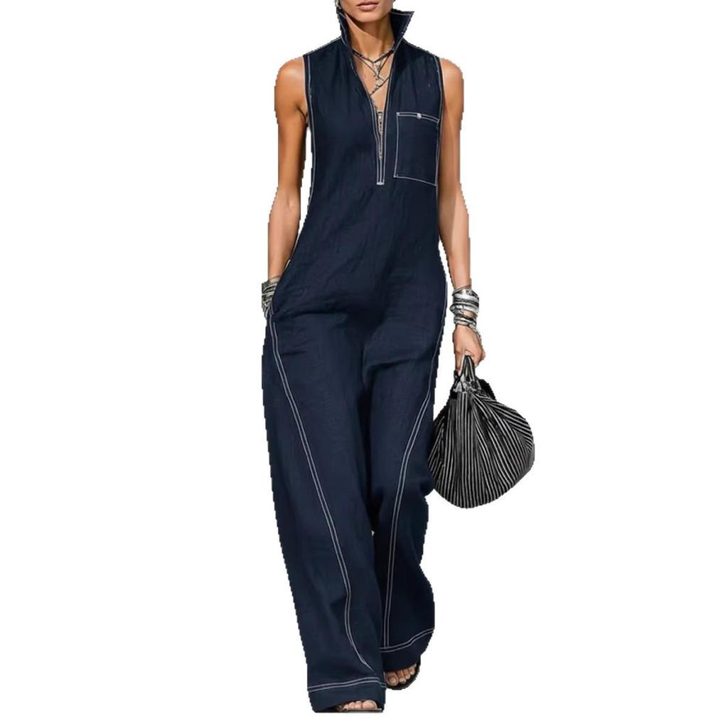 Europäischer & Amerikanischer Damen-Ärmelloser Jumpsuit mit Stehkragen aus Baumwolle und Leinen