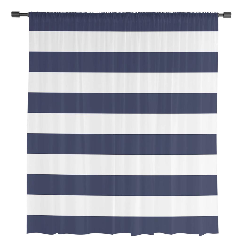 Navy Blue White Stripes Tulle Curtains For Living Room Bedroom Kitchen Decoration Chiffon Window Treatments Voile Sheer Curtain