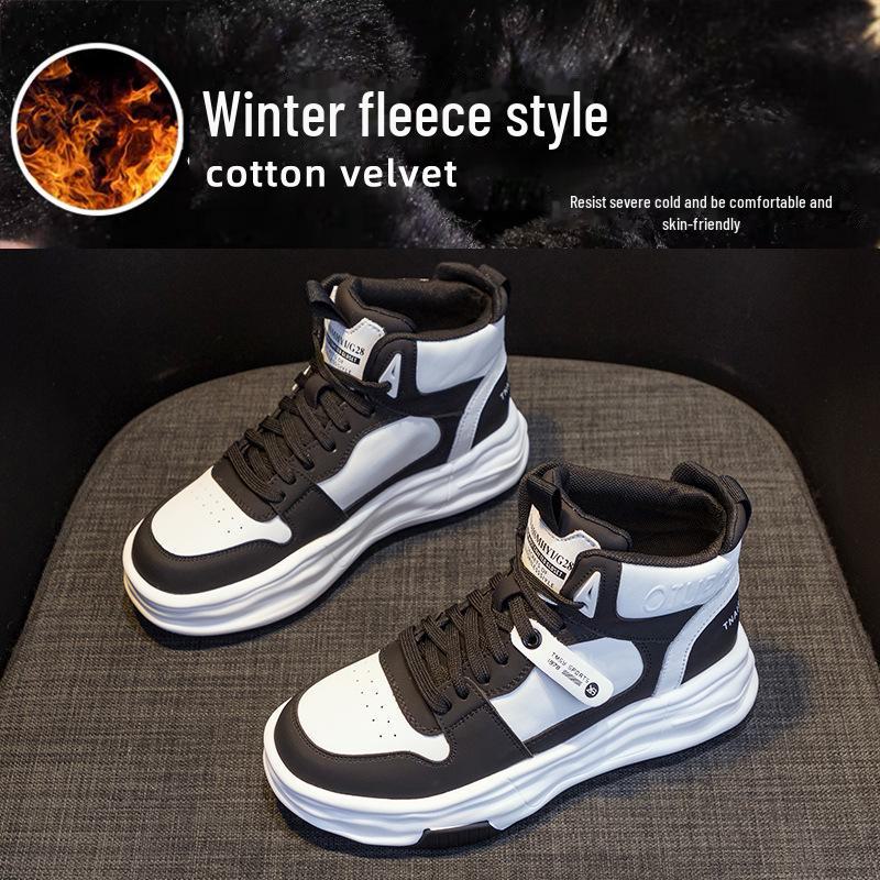 Zapatillas blancas de caña alta con suela gruesa para mujer 2025 - Terciopelo afelpado, estilo deportivo casual que combina con todo para otoño/invierno.