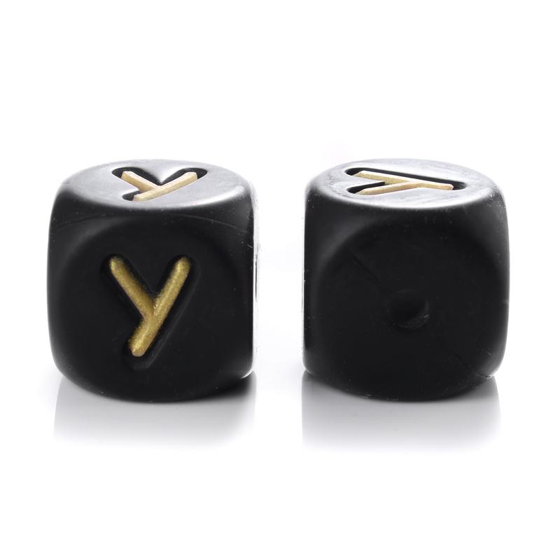12mm 10Pcs Silicone Black+Gold Letters Beads English Alphabet Letter Beads for Baby Teething Teethers Shower Gifts BPA Free